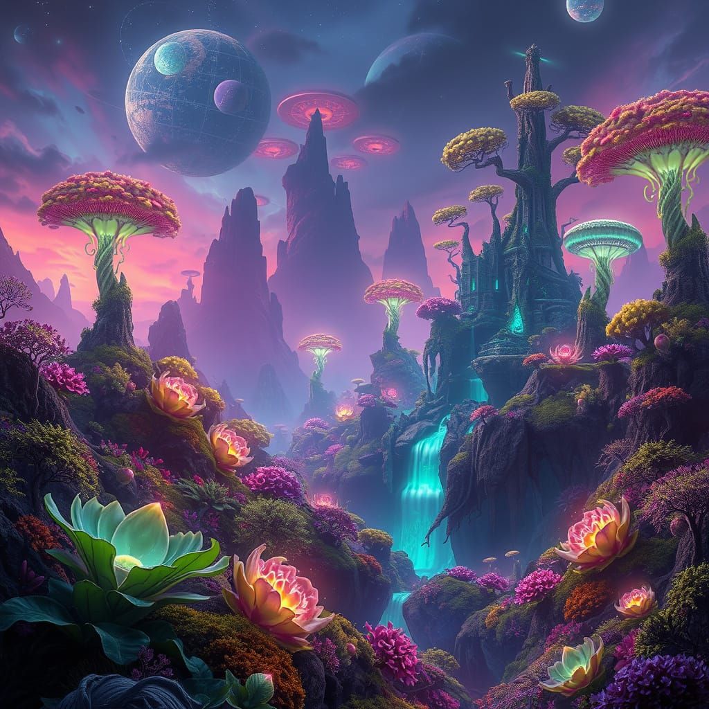 Alien Planet Landscape with Bioluminescent Flora
