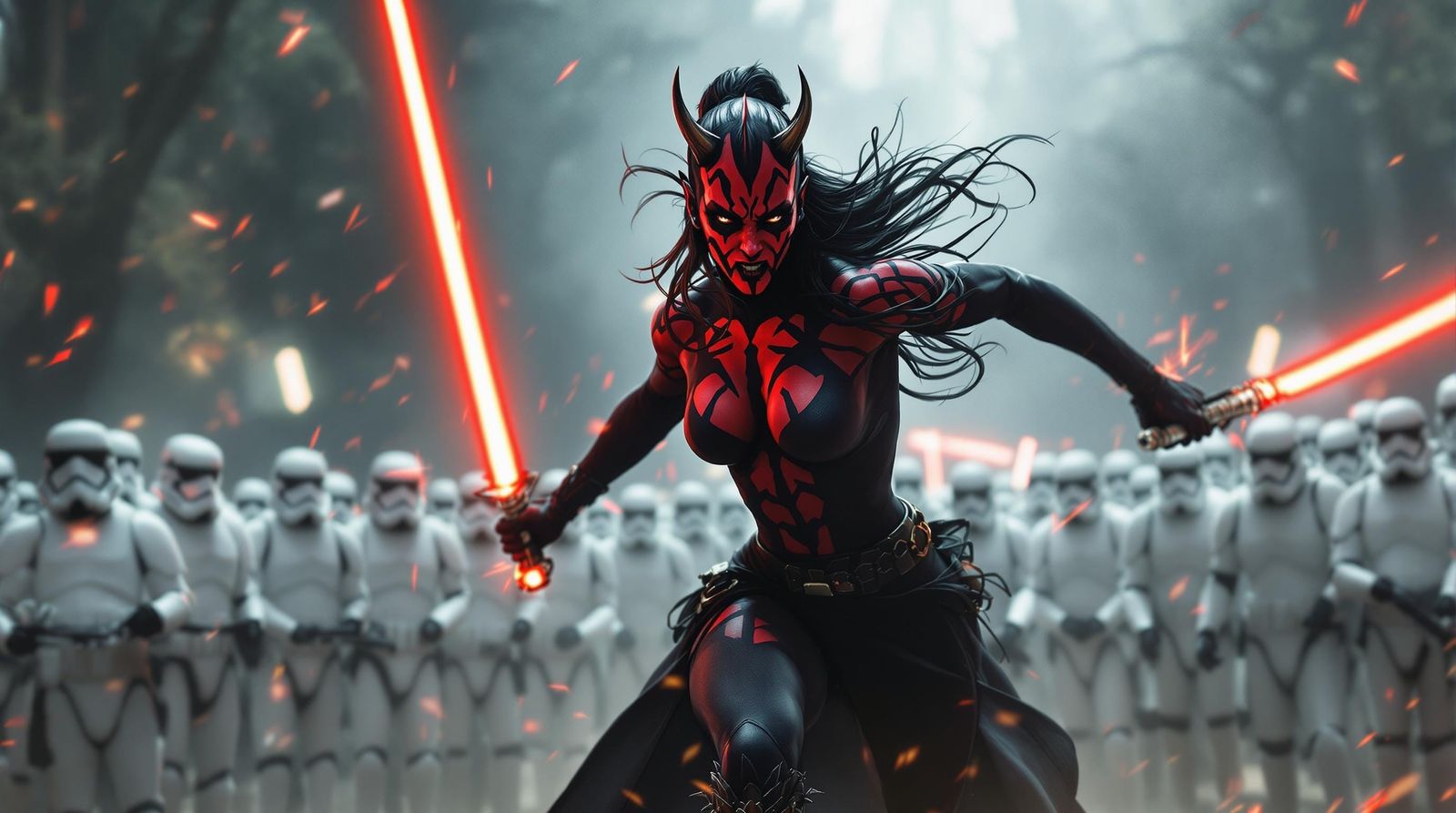 Cyberpunk Female Darth Maul Wields Red Lightsabers in Epic B...