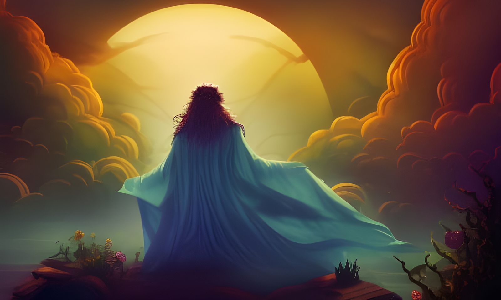 Fantasy Wizard with Golden Cloak in Tattoo Art Style