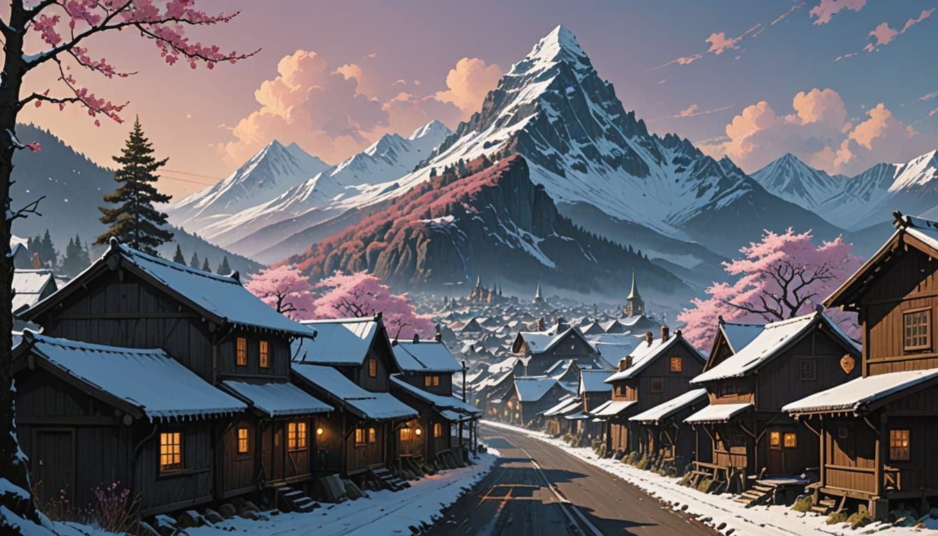 Majestic Medieval Mountain Village Under Blossoming Cherry T...