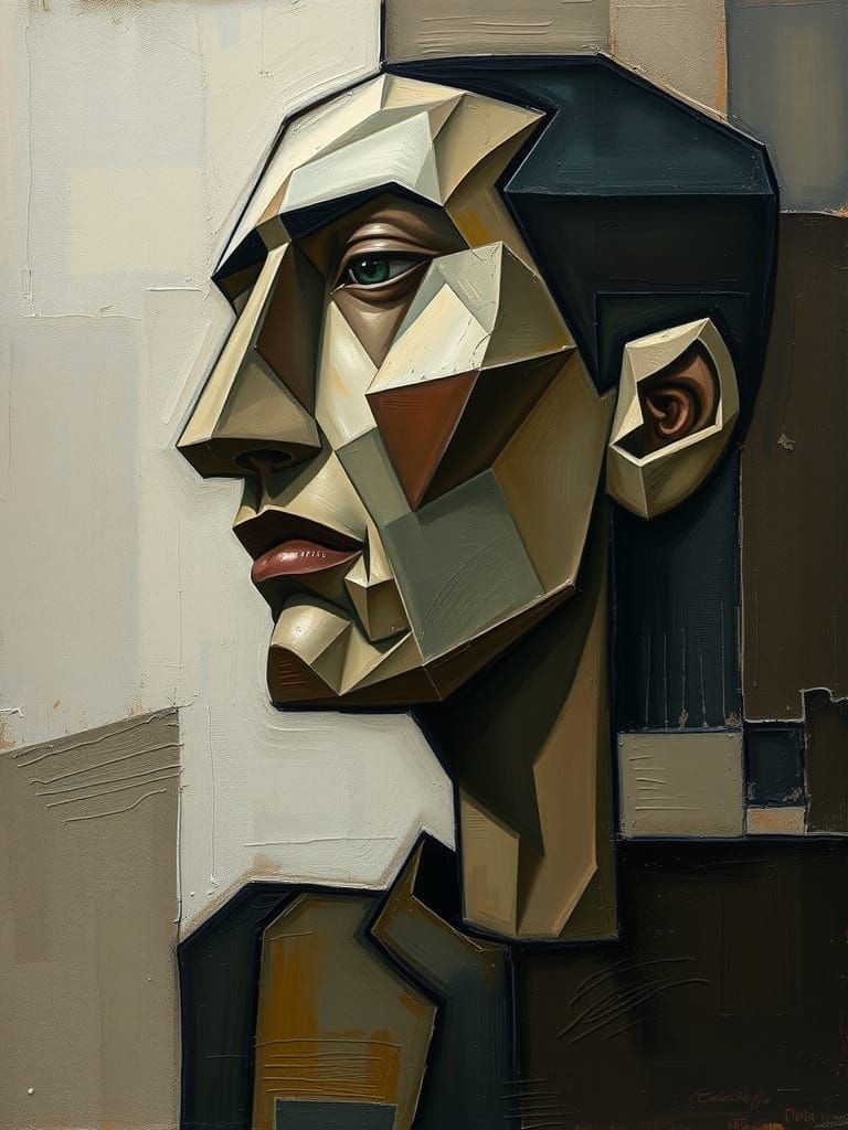 Cubist Portrait of Contemplative Figure in Earthy Tones