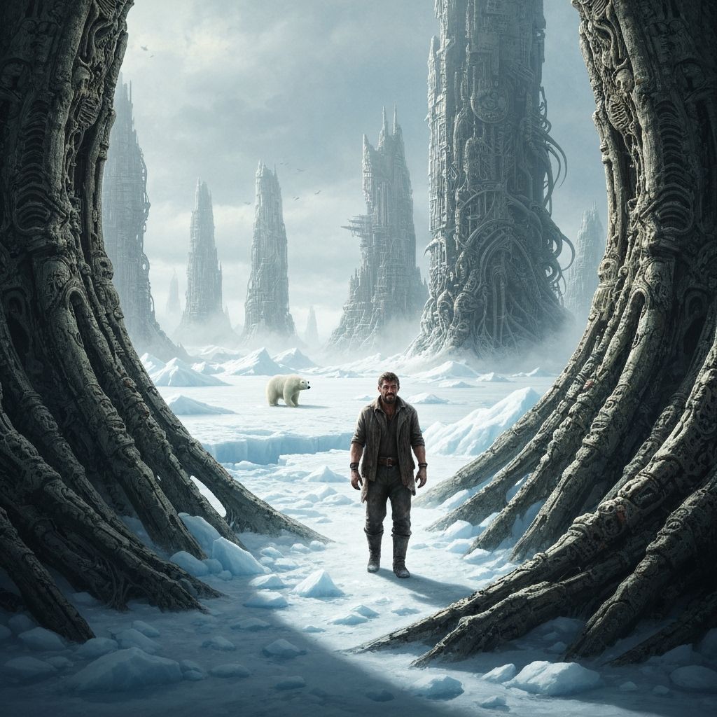 Explorer, lost city, Hyperrealism, H. R. Giger. Arctic ice shelf, Polar Bear, Chaotic and dangerous, Frederic Edwin Chur...