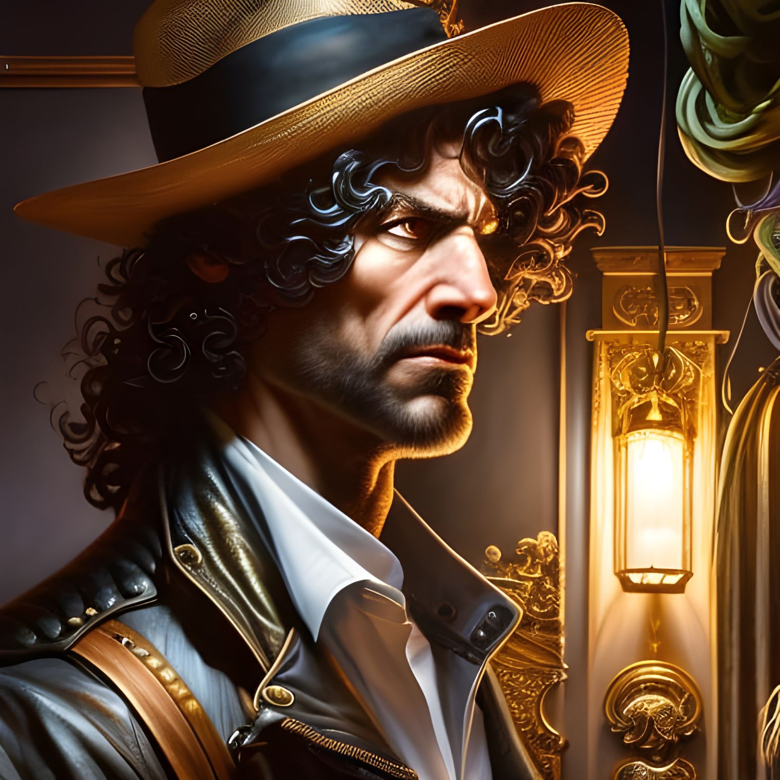 Scared Man in Cafe: Rococo Hyperdetailed Close-up