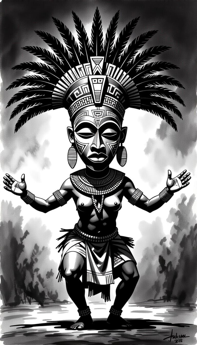 Stylized African Figure in Ceremonial Mask Sketch