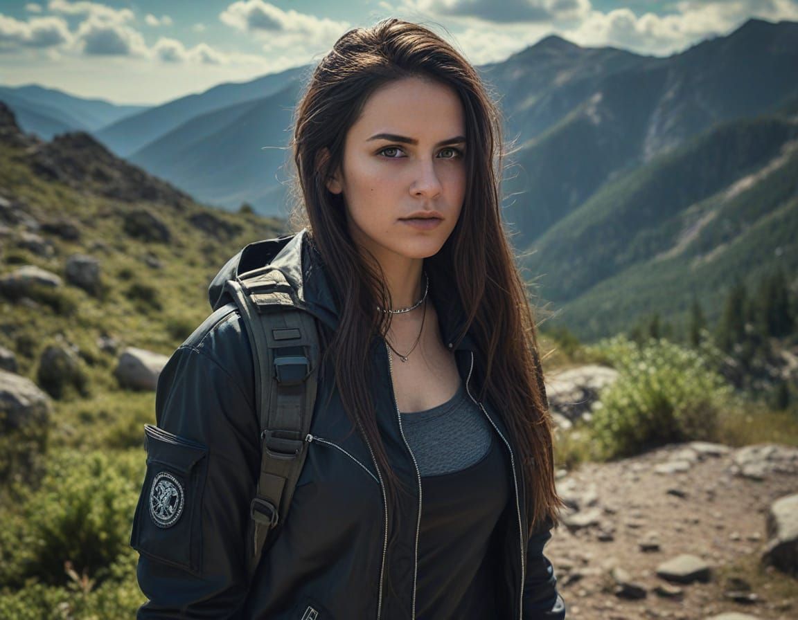 A young stocky female hacker with long dark hair, nose ring and intense stare, stands on mountain trail. Dynamic lightin...