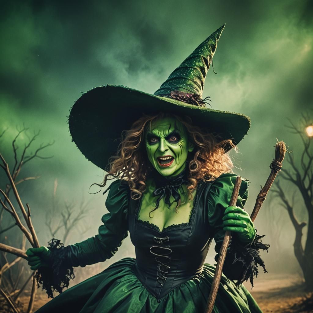 Green Drag Queen Wicked Witch of the West Rides Broom in Oz