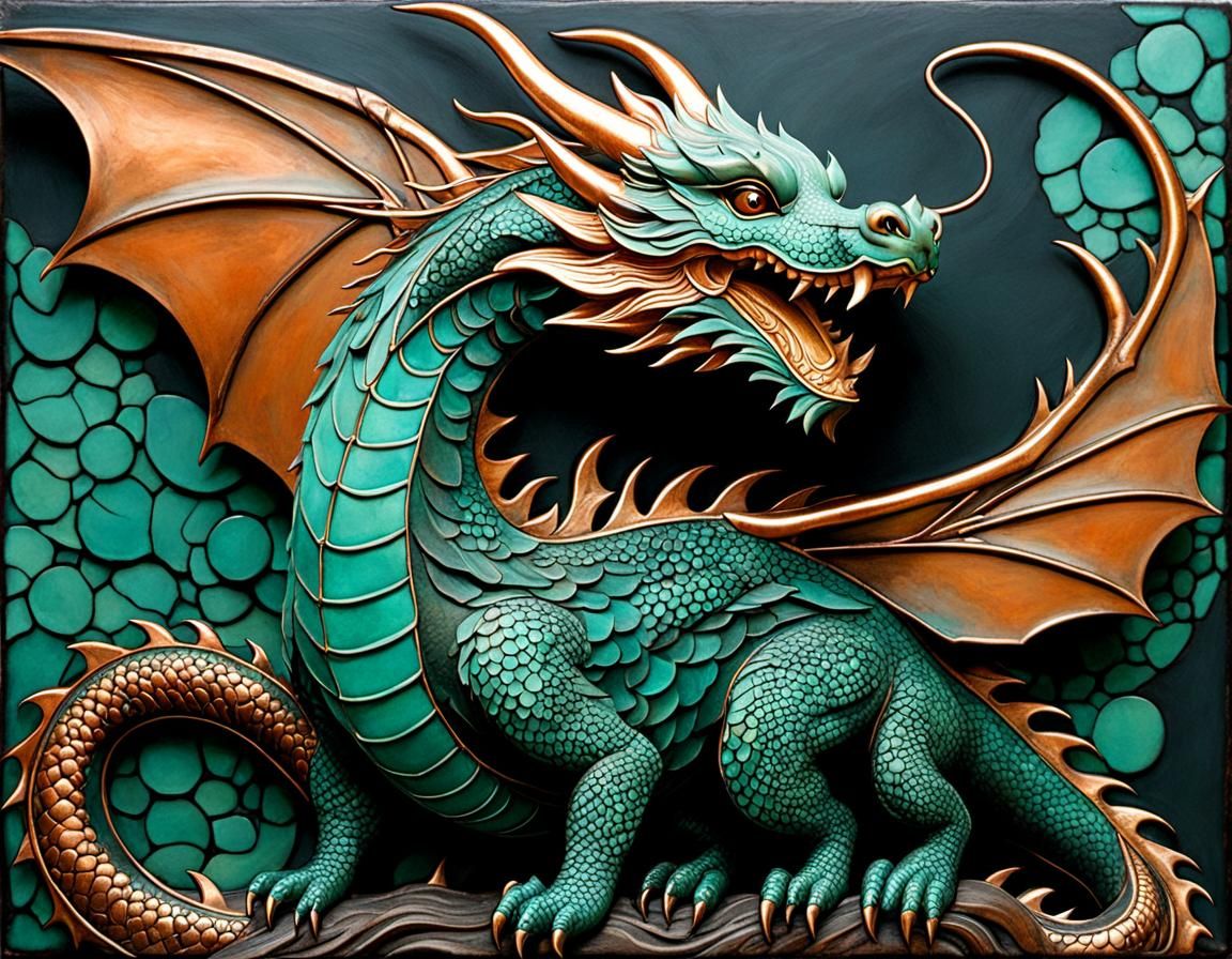 Copper Dragon with Verdigris Patina on Encaustic