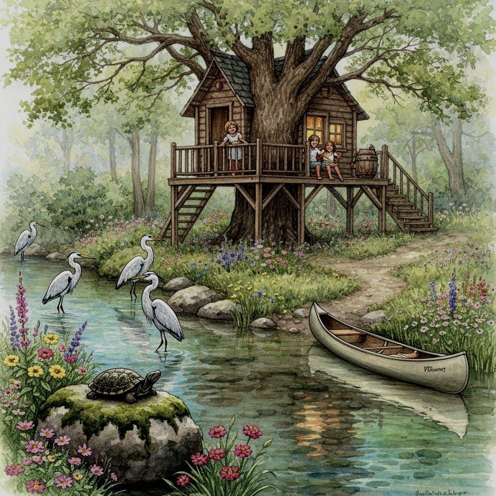 Family Treehouse by Stream with Herons and Turtle