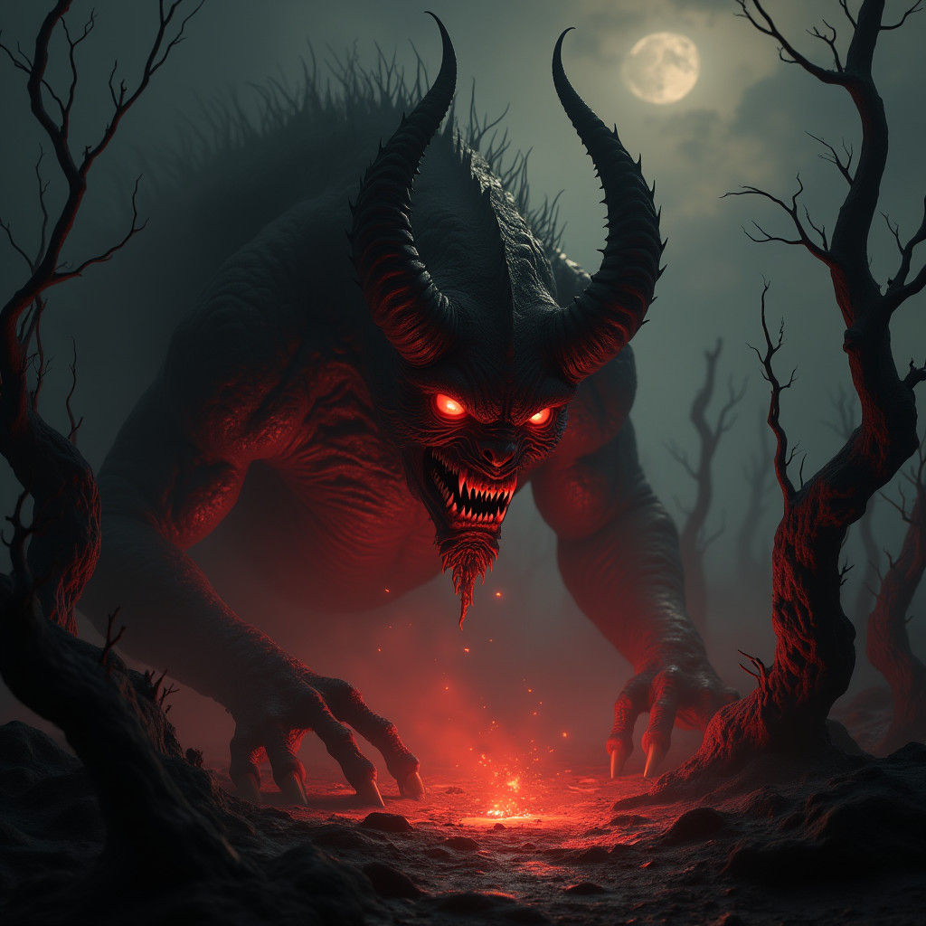 Grotesque Demon in Dark Fantasy Landscape
