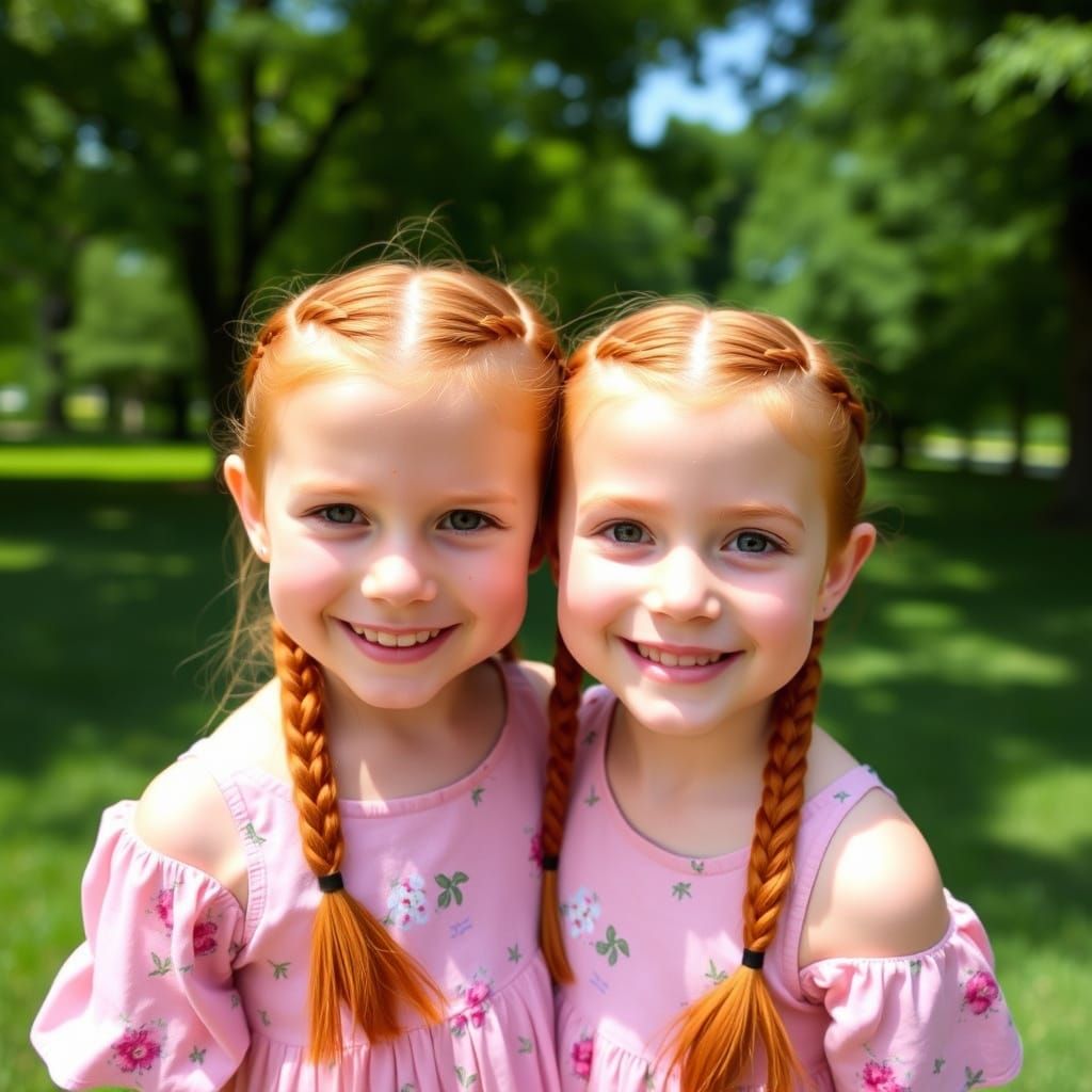 Red-Haired Twins with Braids in Sunny Park