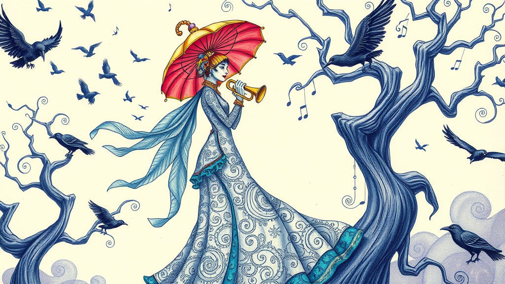 Mime Woman Plays Sousaphone in Zentangle Landscape