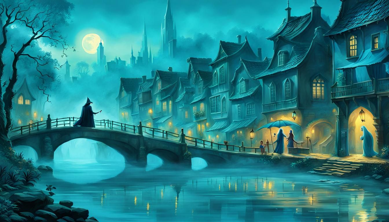 Medieval Ghost Floats Silently Over City River