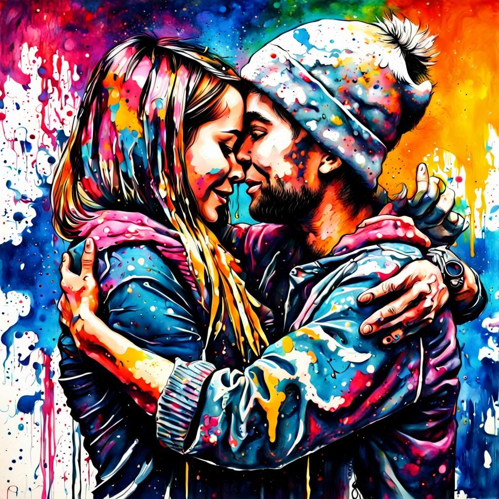 Colorful Graffiti Art: Woman and Man Hugging