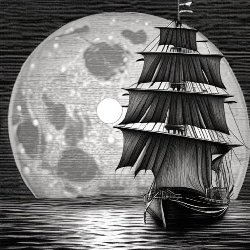 Spanish Galleon Ship on Calm Sea: Pencil Sketch