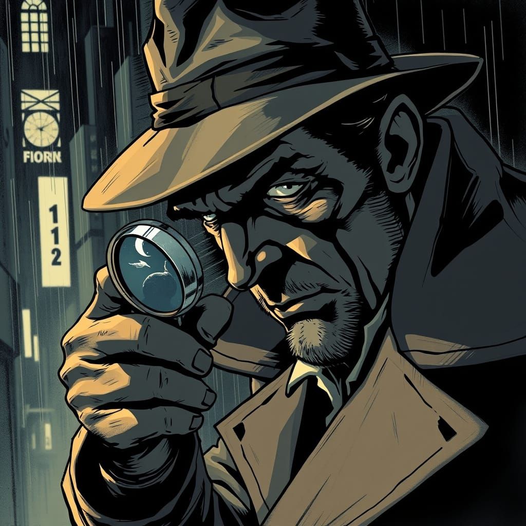 Noir Detective in Comic Style with Magnifying Glass