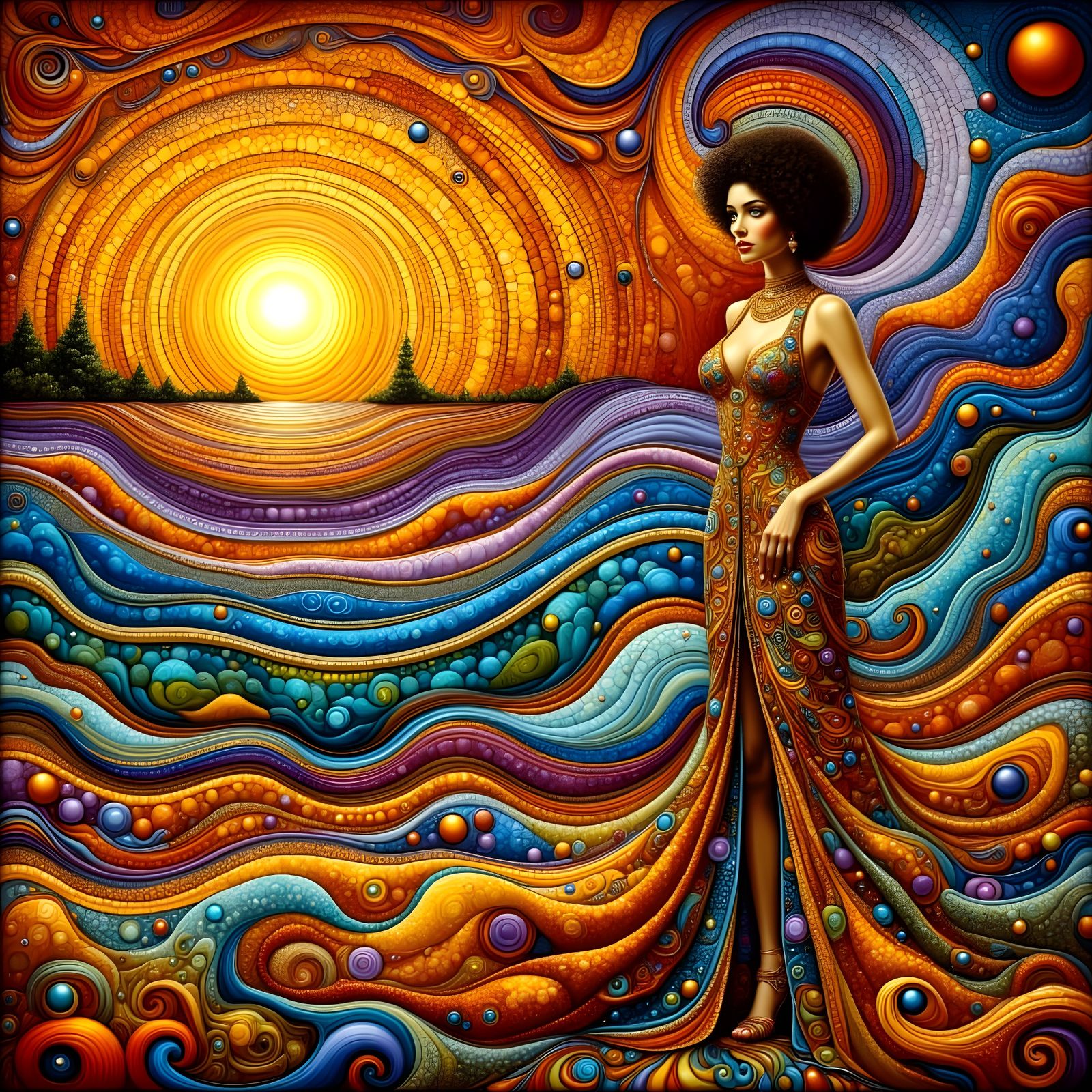 Hyperdetailed Klimt-Inspired Woman in Soft Art Deco Landscap...