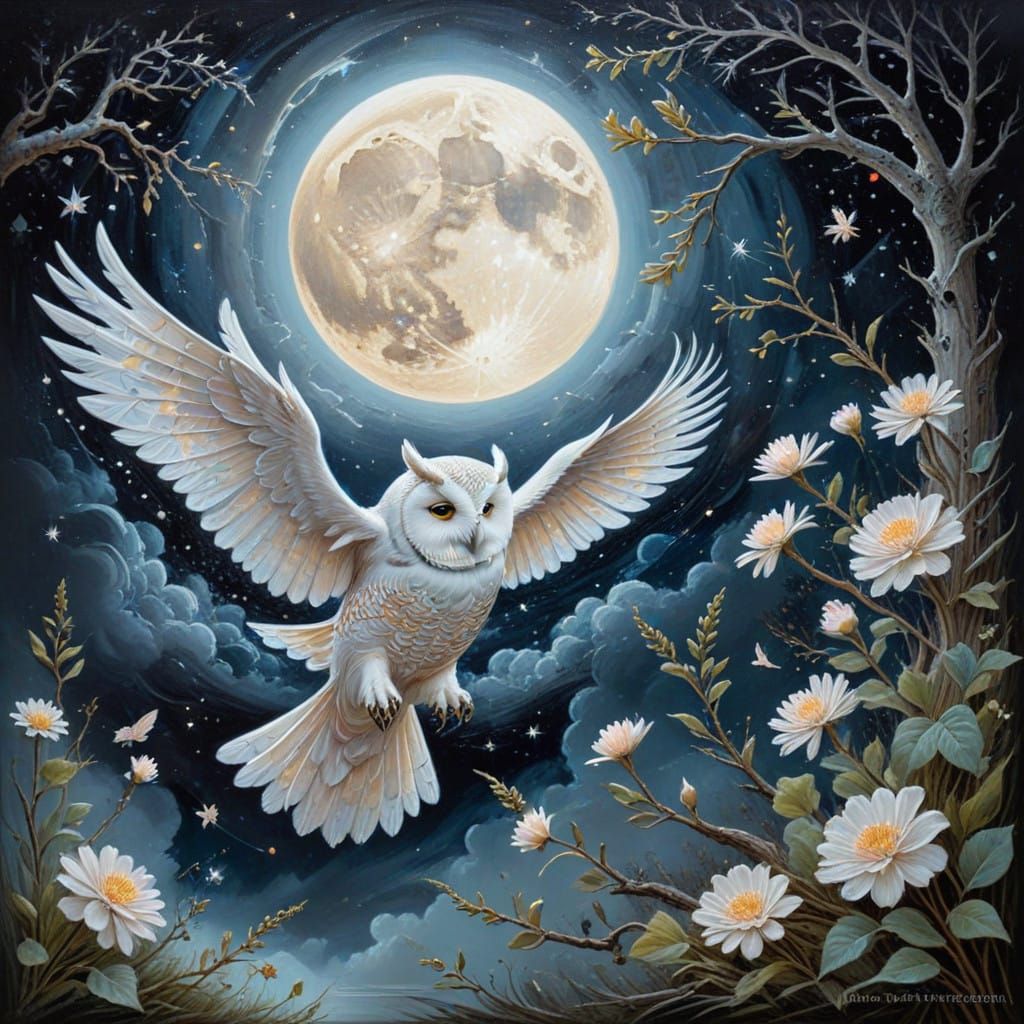 Dreamy Moonlit Scene with a Soaring Fairy and Owl in Pastel...