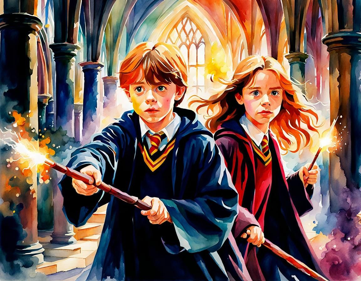 Hermoine and Ron Practice Magic: Watercolor Impressionism