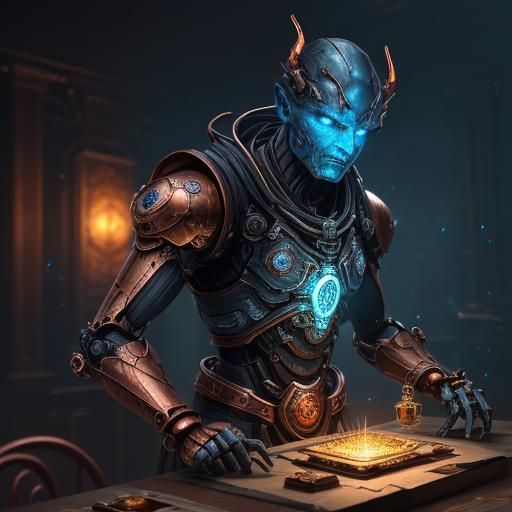 Copper Golem in Mystical Room: Fantasy Art