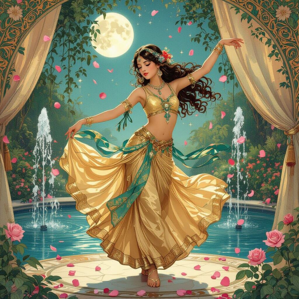 Moonlit Garden Dancer in Art Nouveau Style