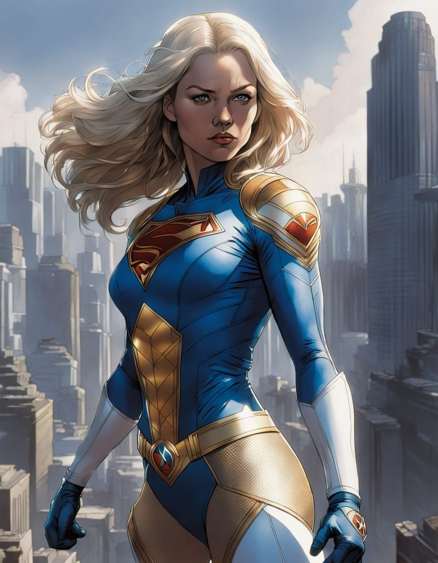 Power Girl, Kryptonian Superheroine, in Iconic White and Blu...