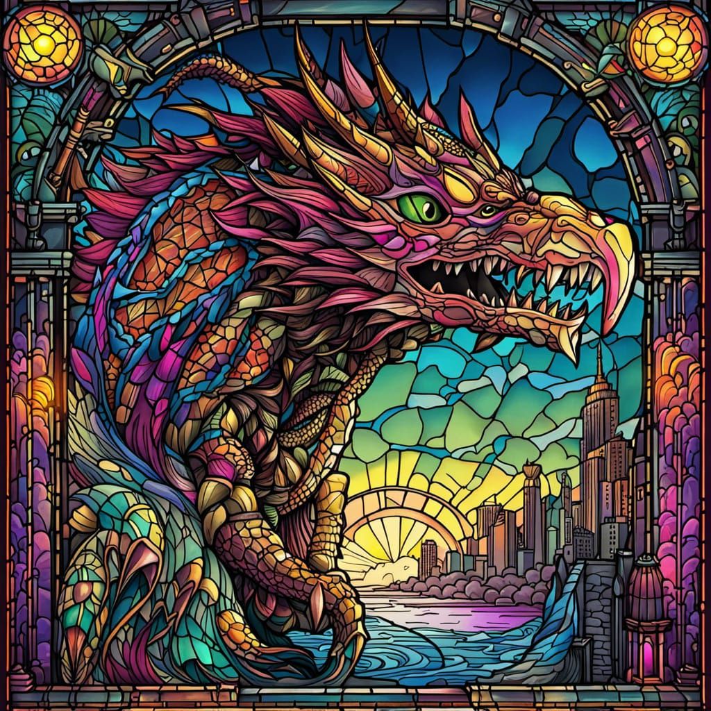 Stained Glass Kaiju in Aetherpunk Ink Drawing