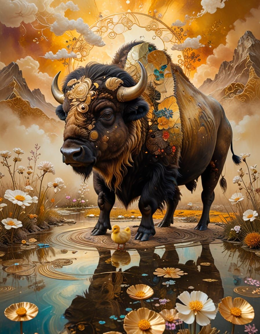 Surreal Buffalo and Duckling Portrait in Dreamlike Landscape