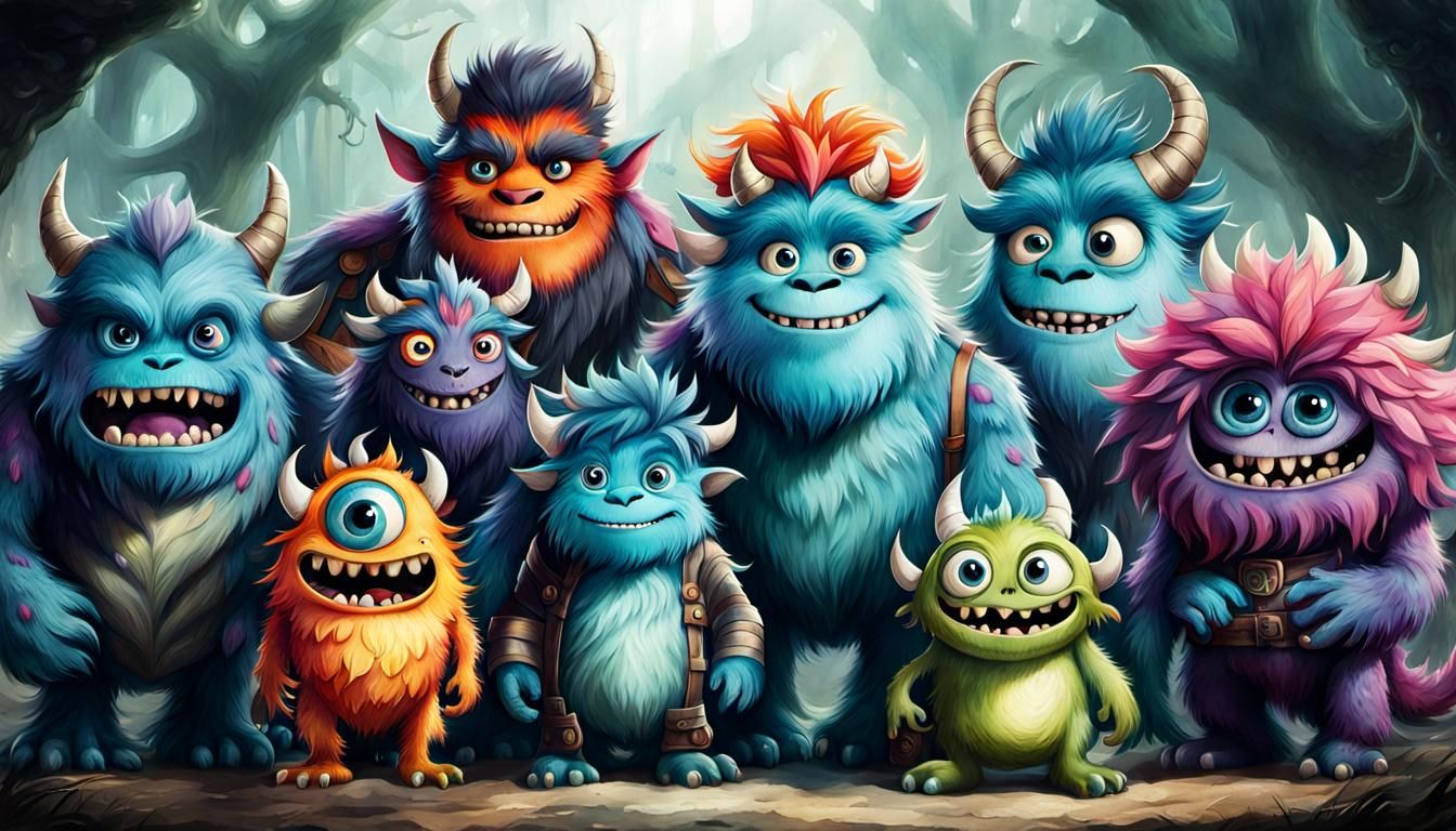 Adorable Monsters Class Portrait in Watercolor Style