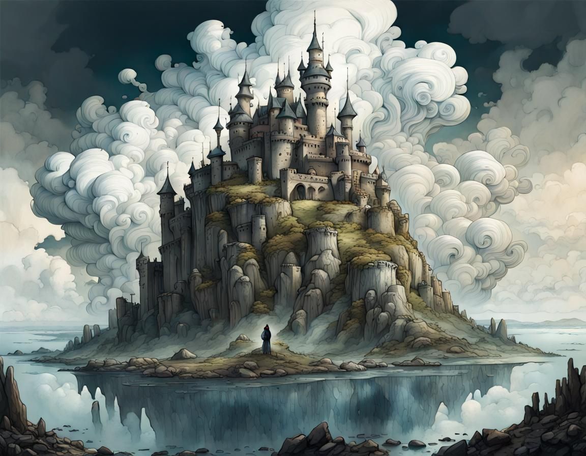 Ghostly Cloud Face Over Island Fortress