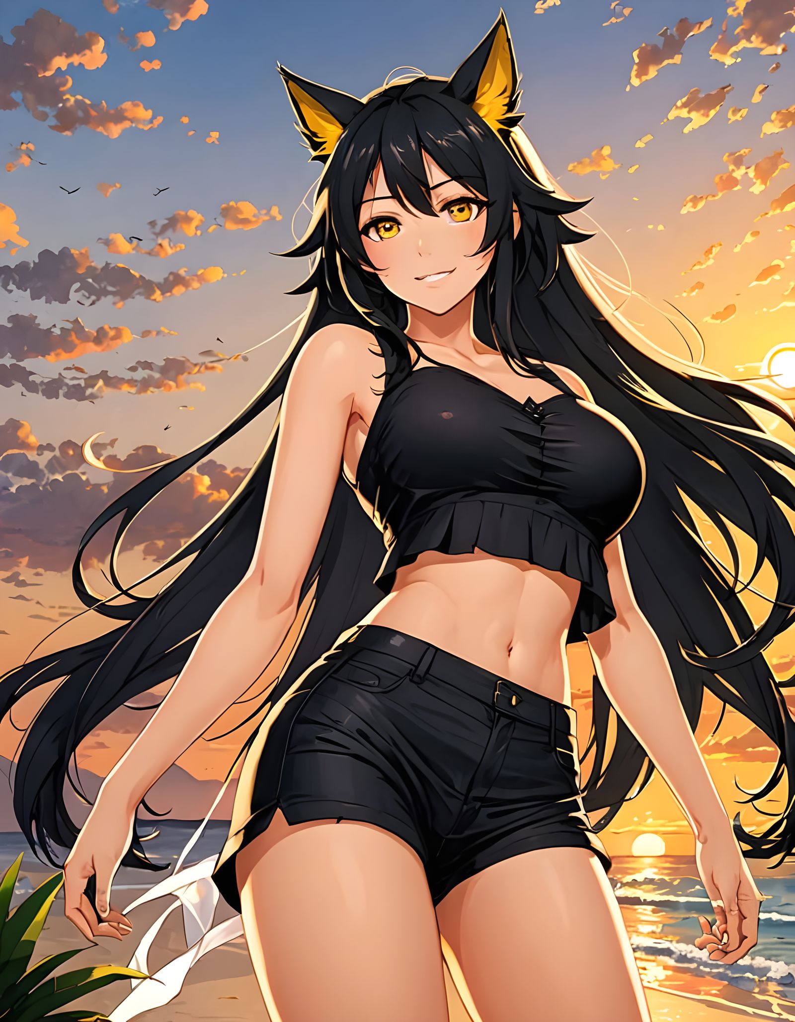 Anime Beach Walker with Flowing Hair