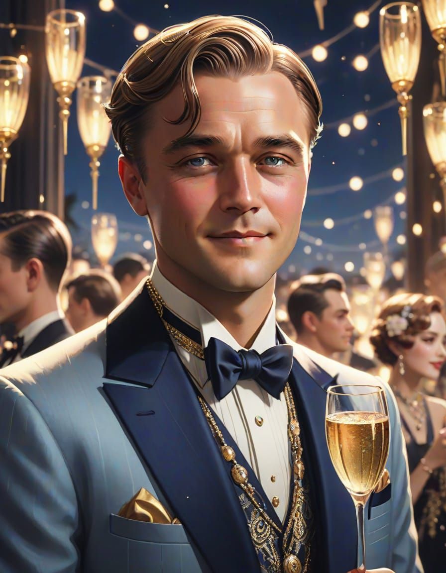 Gatsby's Enigmatic Smile in a Roaring Twenties Night Party
