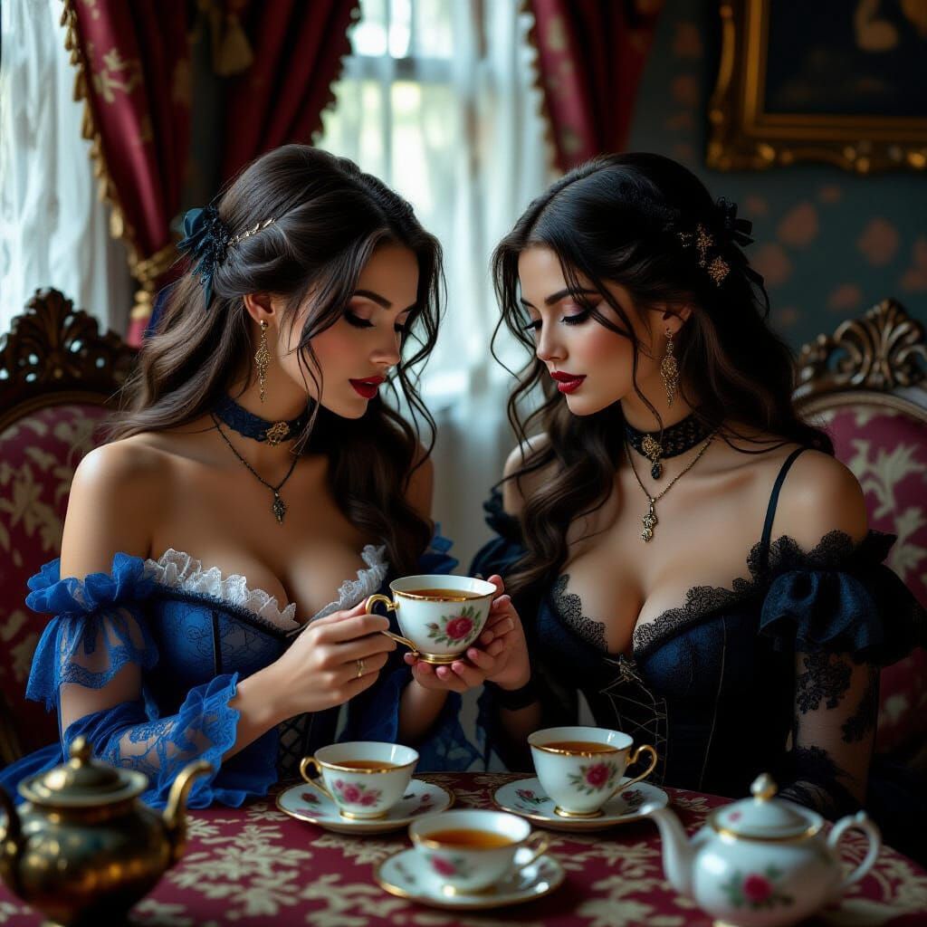 Gothic Witches Sharing Tea in Romantic Boudoir