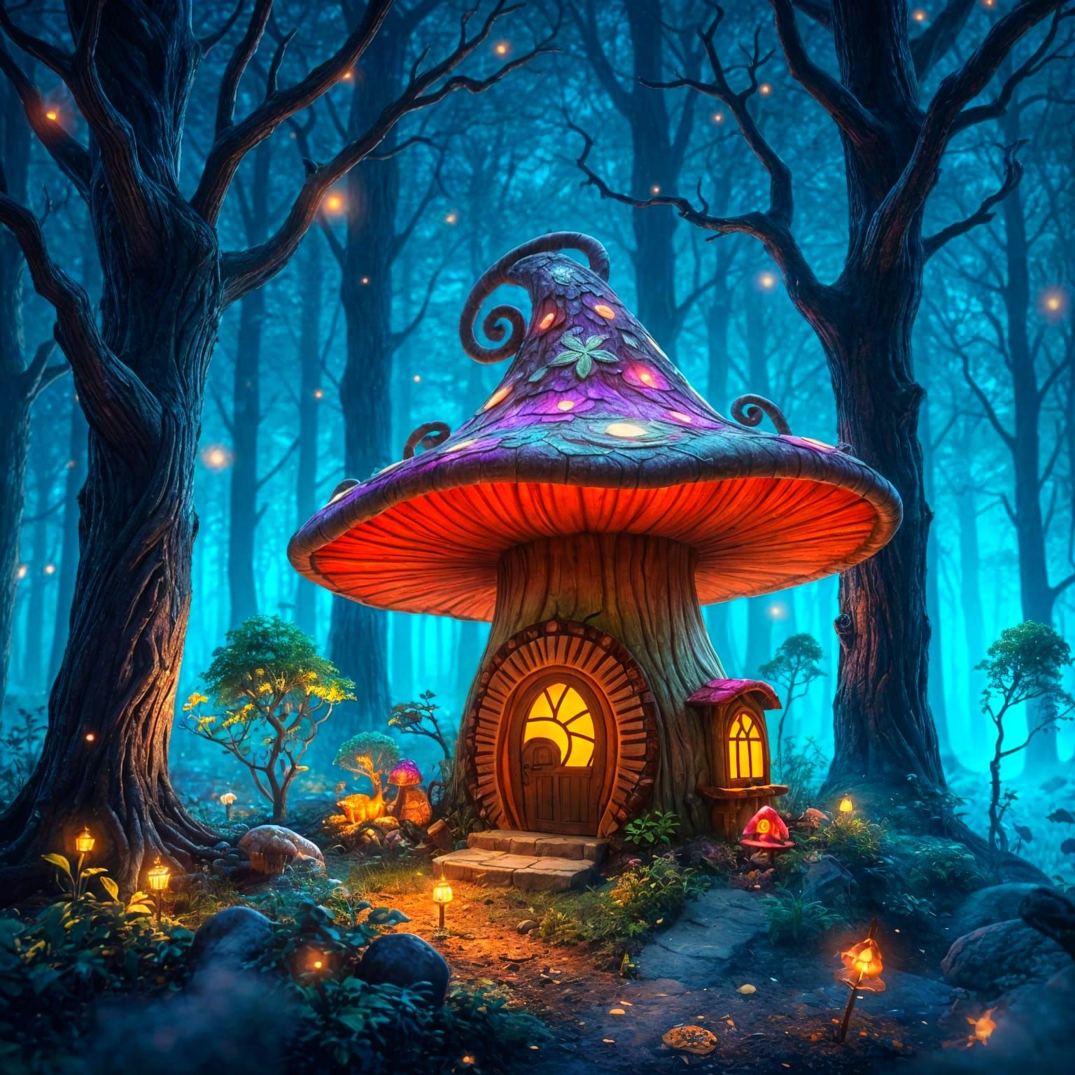 Whimsical Bioluminescent Abode in Enchanted Forest