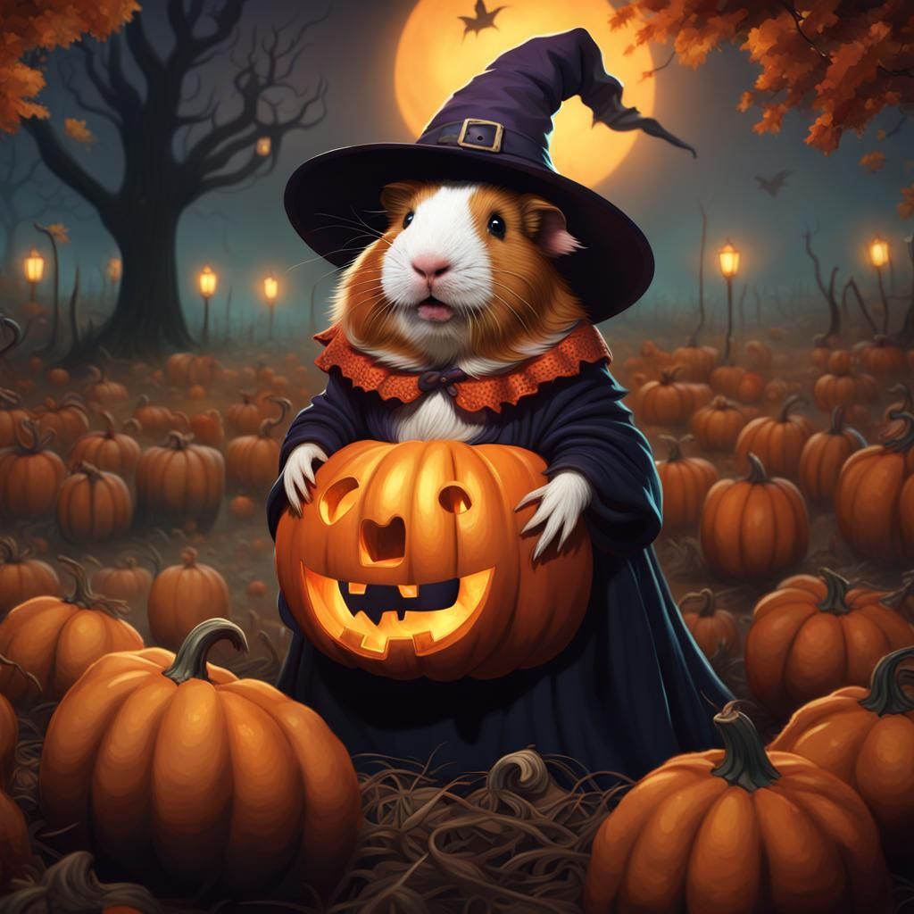 Guinea Pig Witch in Pumpkin Patch: Matte Painting