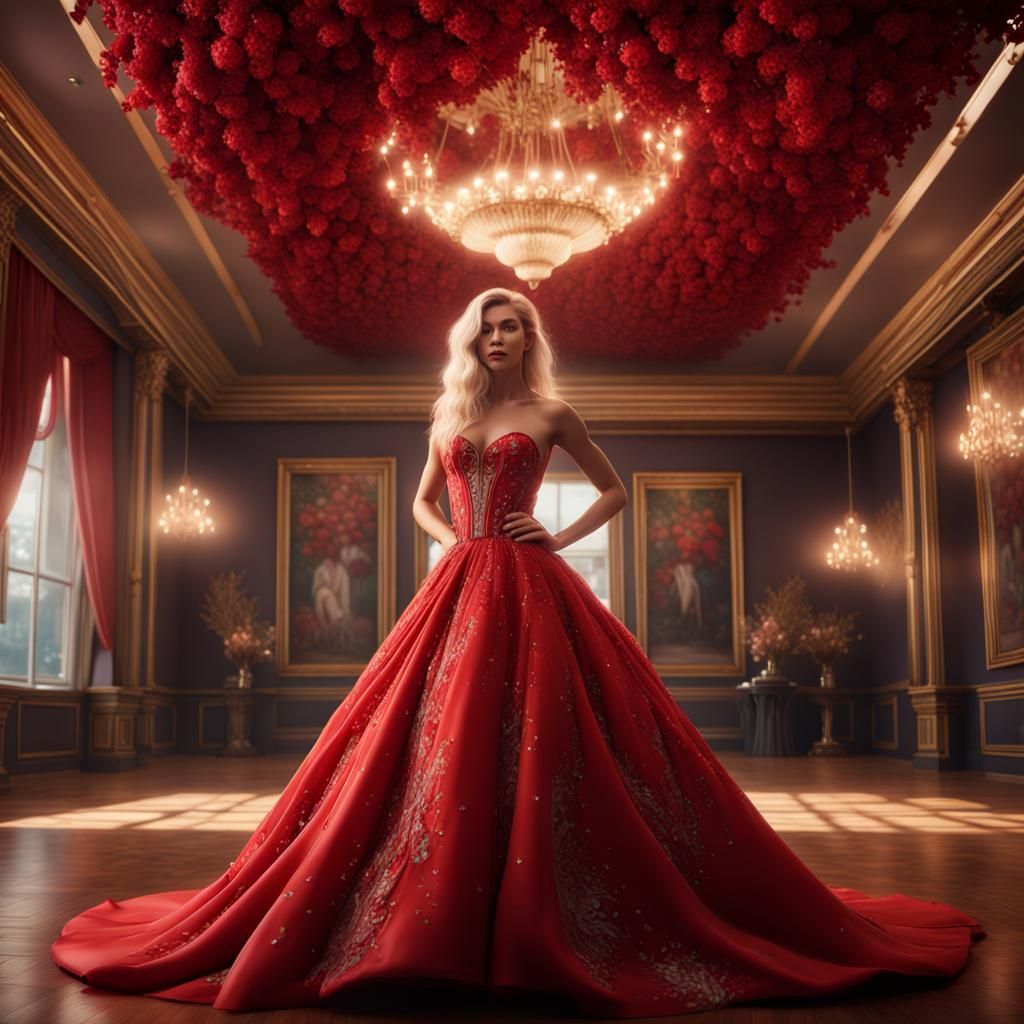 Woman in Red Gown in Fantasy Ballroom, Digital Art