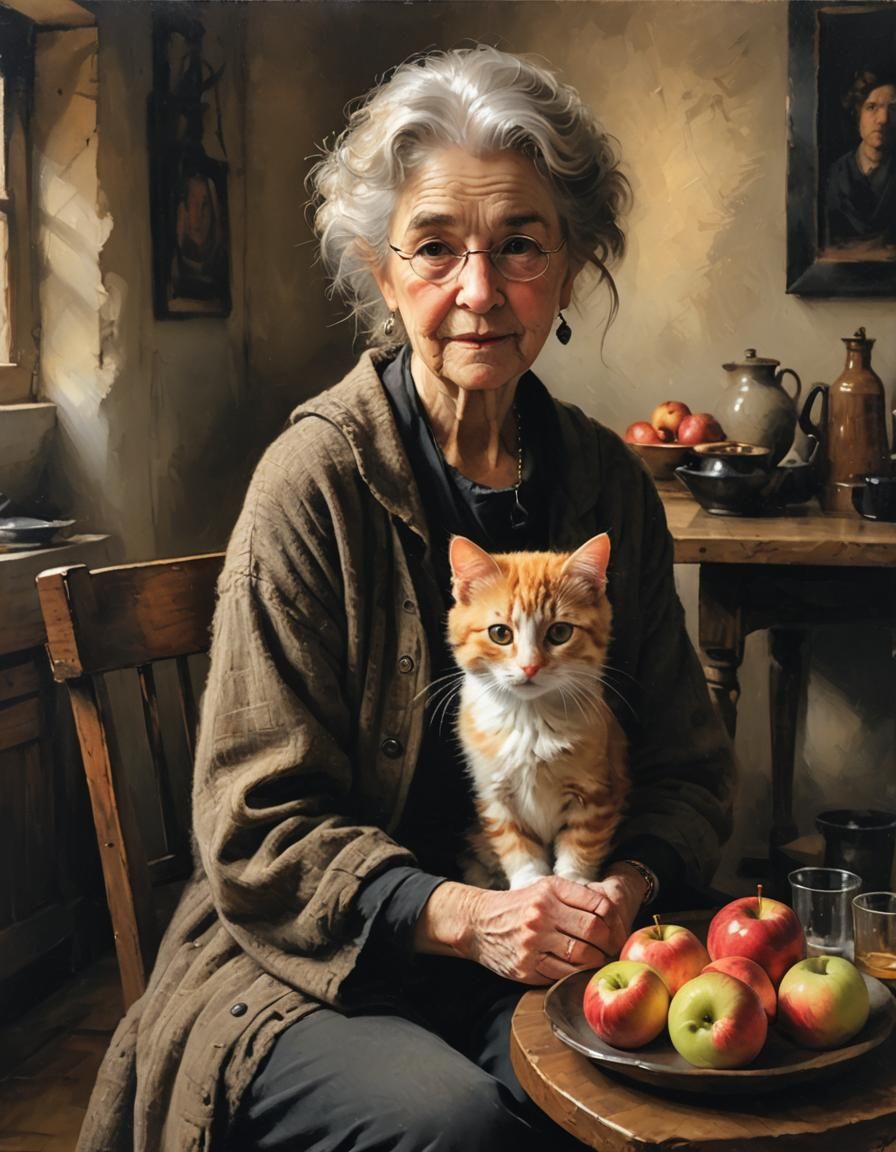 Granny with Ginger Cat in Rembrandt-Style Oil Painting