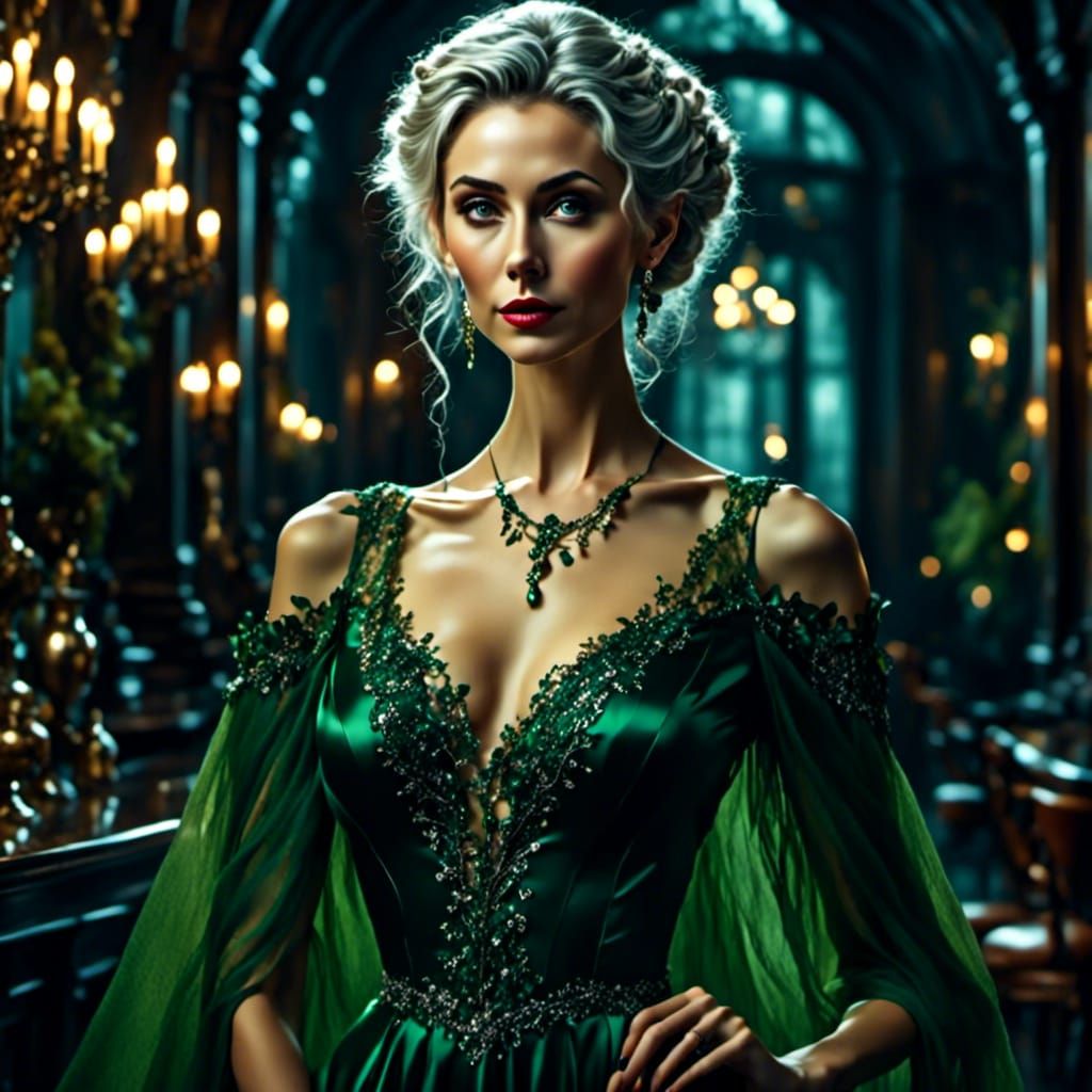 Elegant Elf in Green Gown, Oil Portrait