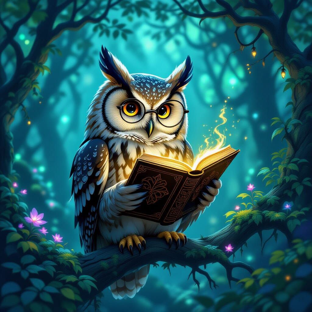 Wise Owl Reading Ancient Tome in Mystical Forest
