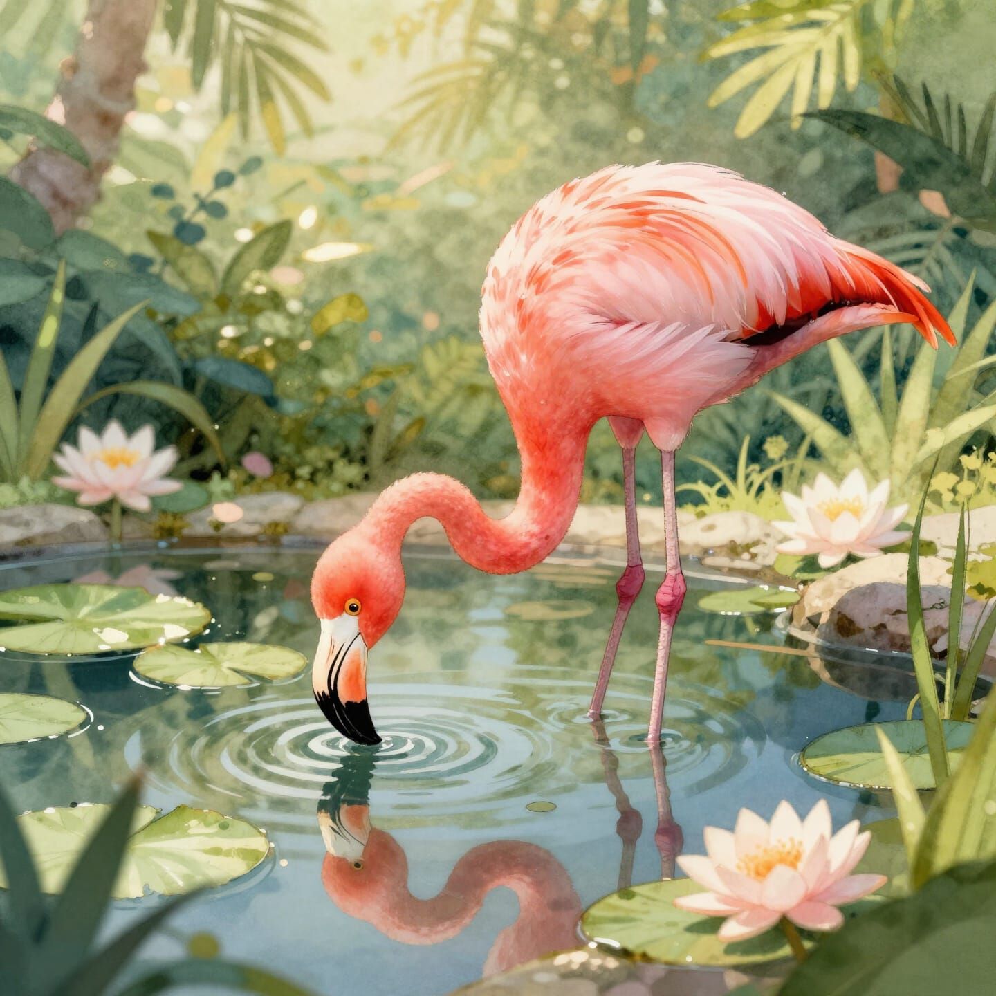 Cute Flamingo Drinking Water in Watercolor Style