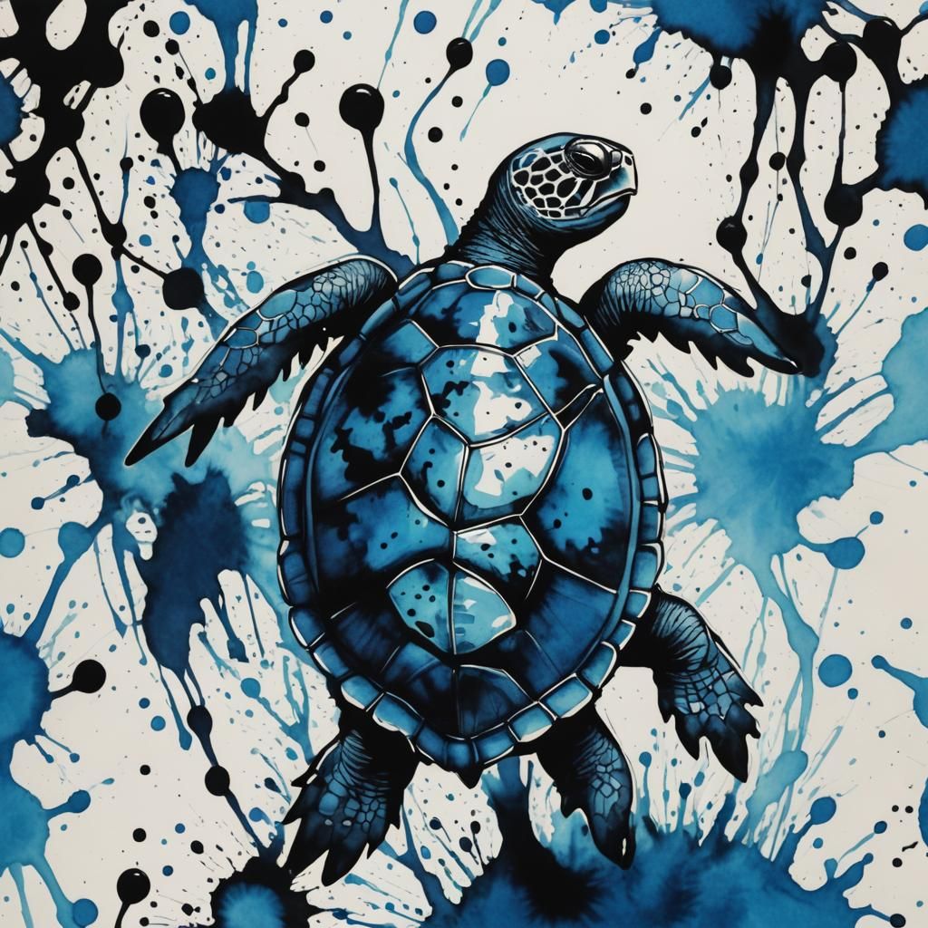 Turtle coming out of black ink. Lots of blue and black inkspots.