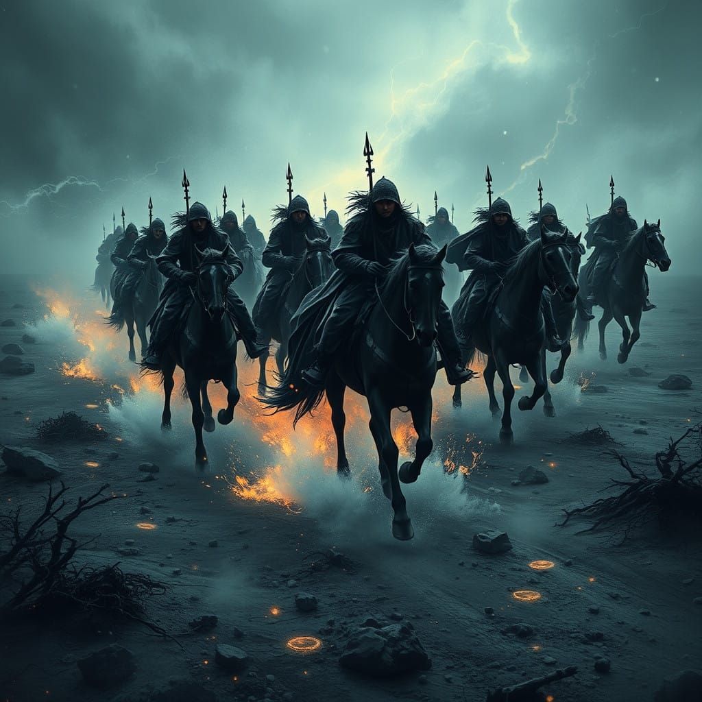 Mystical Black Riders Sweep Across a Stormy Landscape