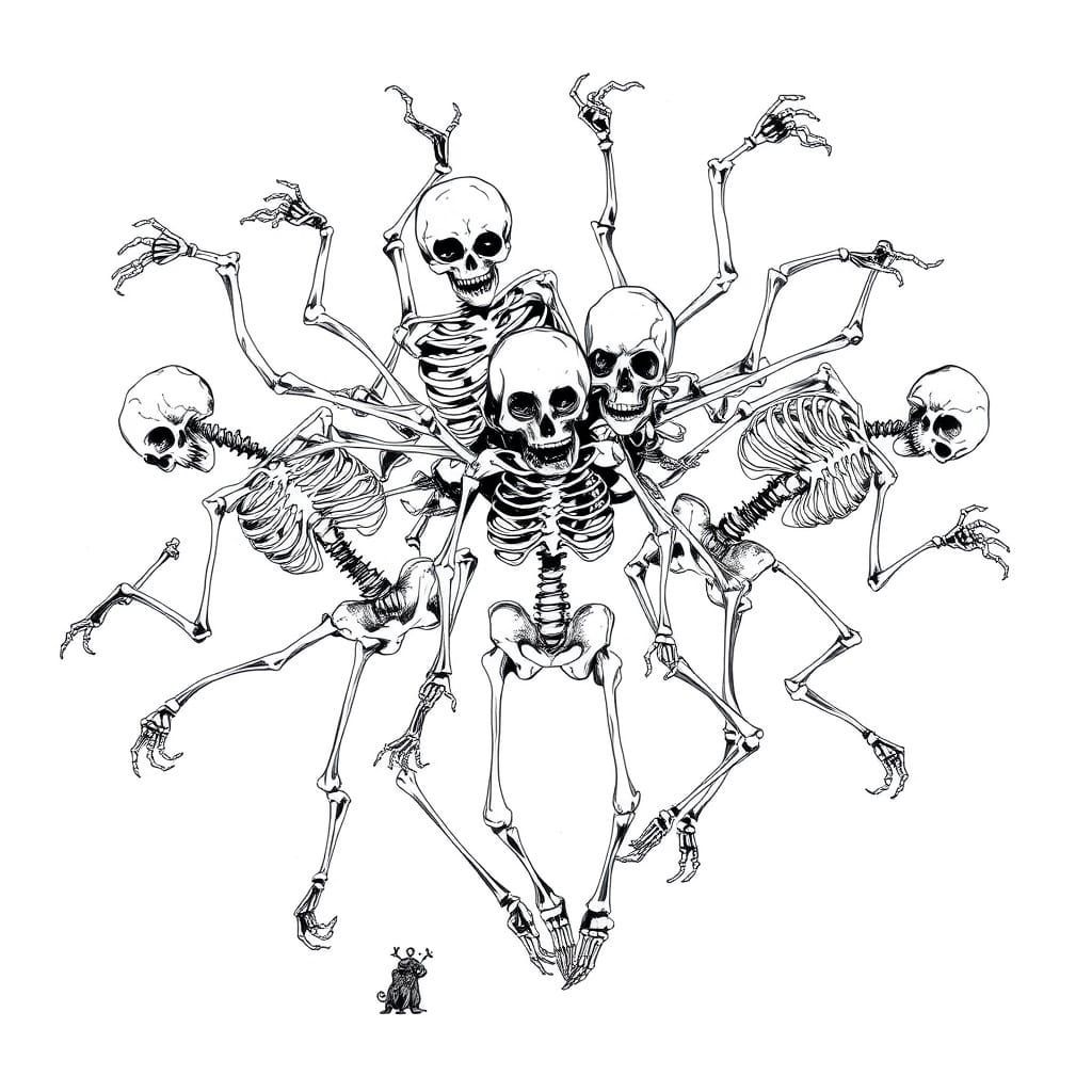 Spooky, scary skeletons. Art style of Carne Griffiths. White...