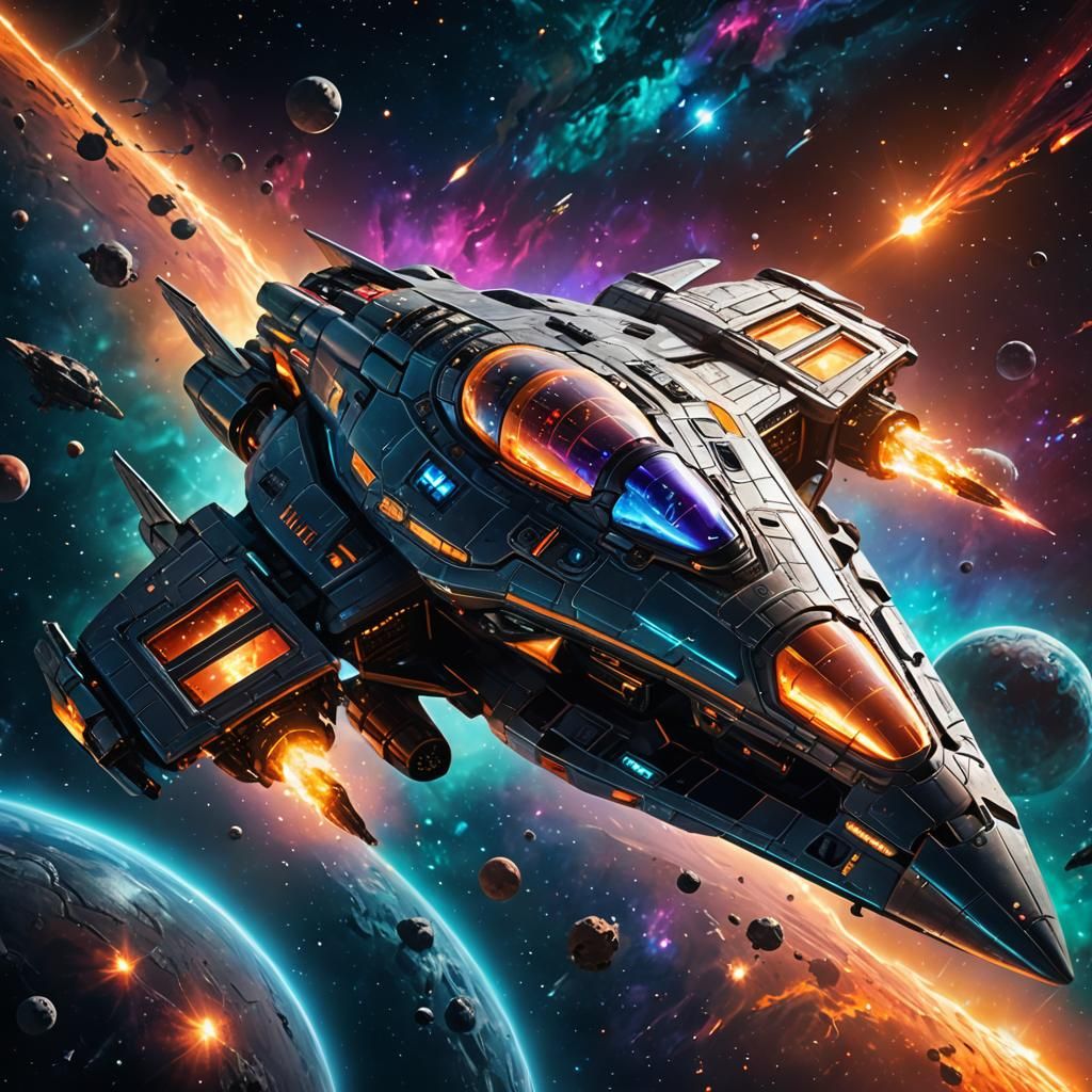 Sleek Metallic Starship Soaring Through Space