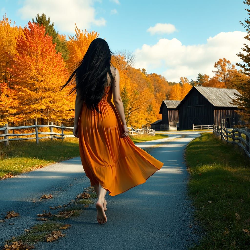 Woman Walks Vermont Road: Matte Painting in Autumn