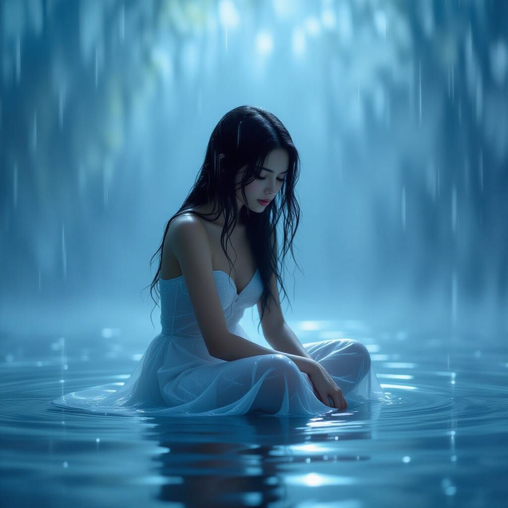 Ethereal Raindrop Woman in Surreal Downpour