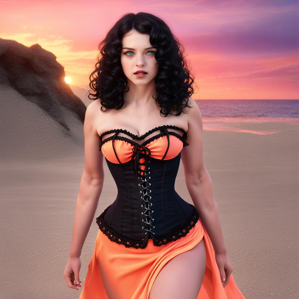 Summer Witch on Beach at Sunset: Fantasy Art