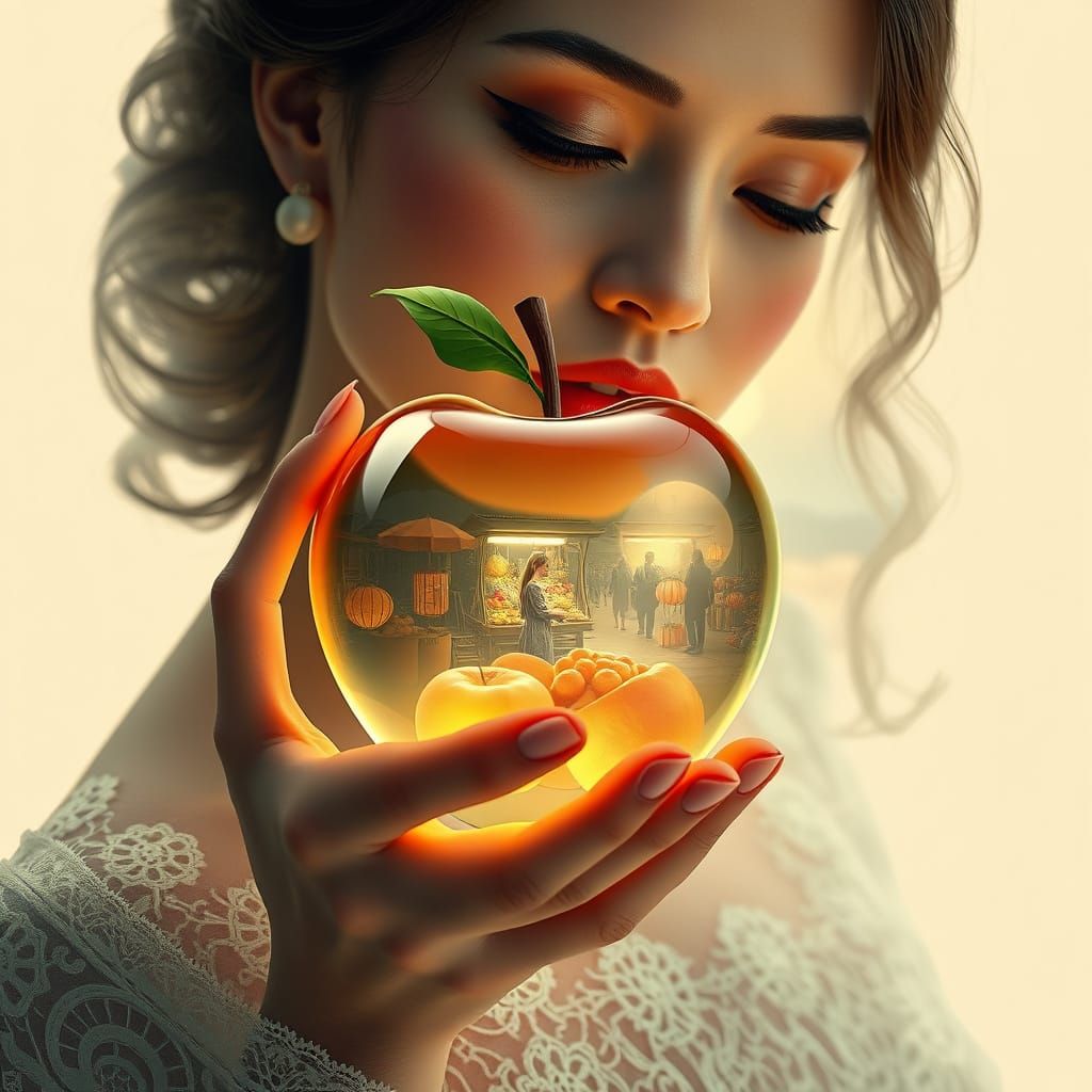 Surrealist Double Exposure with Lady and Glowing Apple in Ni...