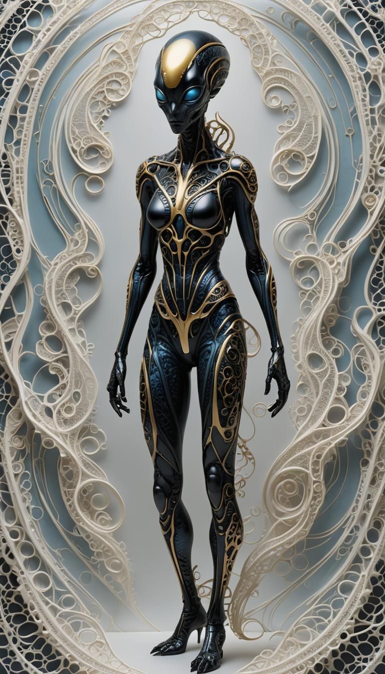 Alien Female with Swirl Lace Background in Surreal Style