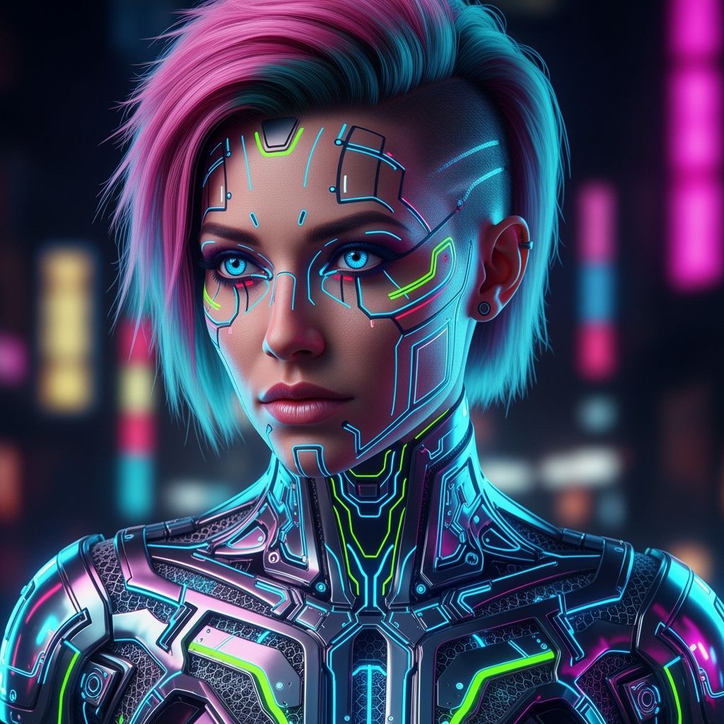 Cyberpunk Woman with Neon Circuits and Pink Hair