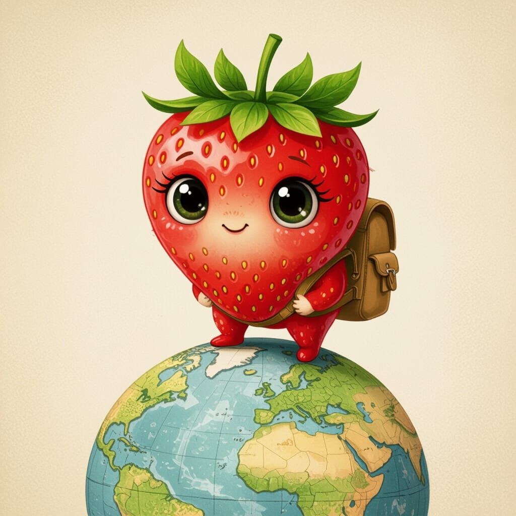 Cute Strawberry Explorer on Globe in Whimsical Art Style